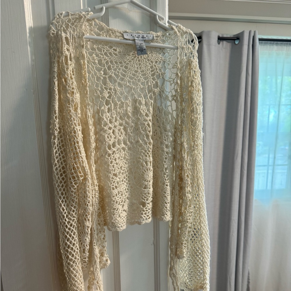 Crocheted linen/cotton lacy wrap tie sweater top